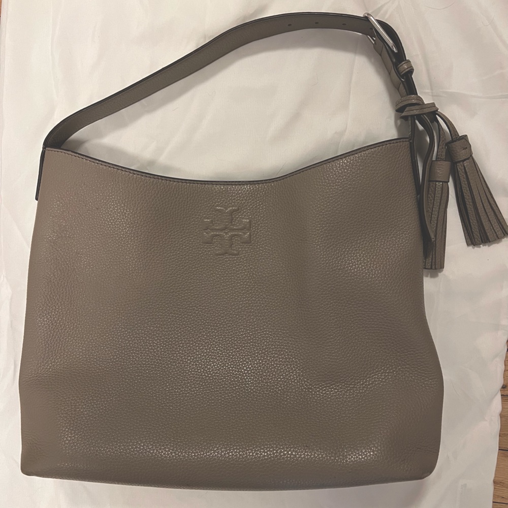Authentic Tory Burch small/medium hobo. Soft warm grey leather.